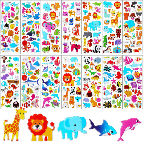 UPINS 200 Counts 3D Animal Puffy Small Stickers Sheets Bulk for Kids Toddlers, Foam Sticker Books for Kids