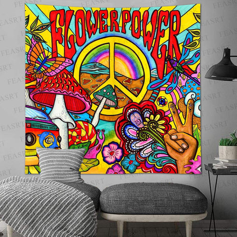 FEASRT Hippie Groovy Tapestry Peace and Love Trippy Tapestries Art Wall Hanging for Living Room Bedroom Home Dorm Decor 60×60 Inches GTZYAY315