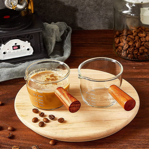 Tanlade Single Spout Espresso Shot Glass with Wood Handle Espresso Glass 75 ml Carafe Shot Glass Measuring Cup Mini Milk Glass Cup with Handle for Milk Coffee Espresso Making (1)