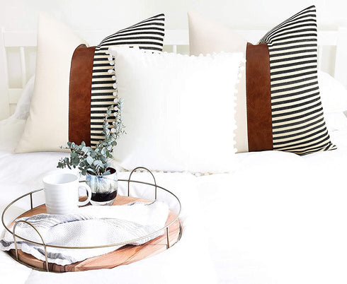 cygnus 16x16 inch Pillow Covers Set of 2 Farmhouse Decor Stripe Patchwork Linen Throw Pillow Covers Modern Faux Leather Cushion Covers for Couch Sofa,Black