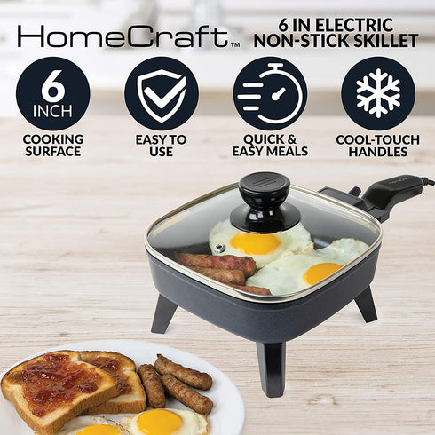 HomeCraft HCSK6BK 6-Inch Electric Non-Stick Skillet, Adjustable Temperature Control, Cool-Touch Handle With Tempered Glass Lid, Perfect For Healthy Keto & Low-Carb Diets, Cauliflower Rice, Eggs