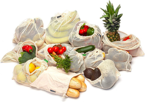 12+1 Reusable Produce Bags Grocery Washable | Organic Cotton Mesh Produce Bags | Double-Stitched & Tare Weigh | Onions Bag | Cotton Produce Bags Reusable Washable | Bulk of 13 (4S, 4M, 4L +1 Muslin)