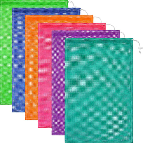 Frienda 6 Pieces Mesh Stuff Sack, 12 x 18 Inch Durable Nylon Mesh Drawstring Laundry Bag for Rinsing Beach Toys, Seashell Collecting, Mesh Bags and Travel (Multicolor)