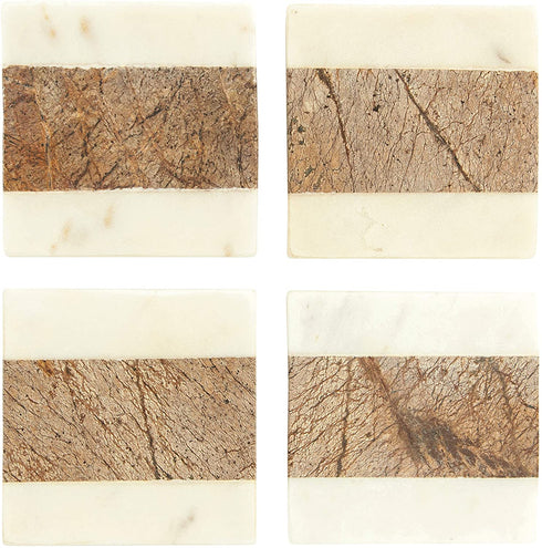 Creative Co-Op Square Marble Coasters with Jute String (Set of 4 Pieces) Glasses and Bar Tools, Brown, 4 Count