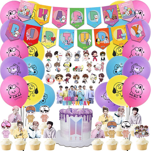 100 Pcs BT21 Birthday Party Supplies, Birthday Supplies for Bangtan Boys Fans Include Happy Birthday Banner, Cake Cupcake Toppers, Balloons And Stickers For Boys Girls Party Favors