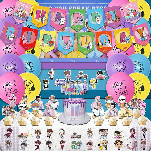 100 Pcs BT21 Birthday Party Supplies, Birthday Supplies for Bangtan Boys Fans Include Happy Birthday Banner, Cake Cupcake Toppers, Balloons And Stickers For Boys Girls Party Favors