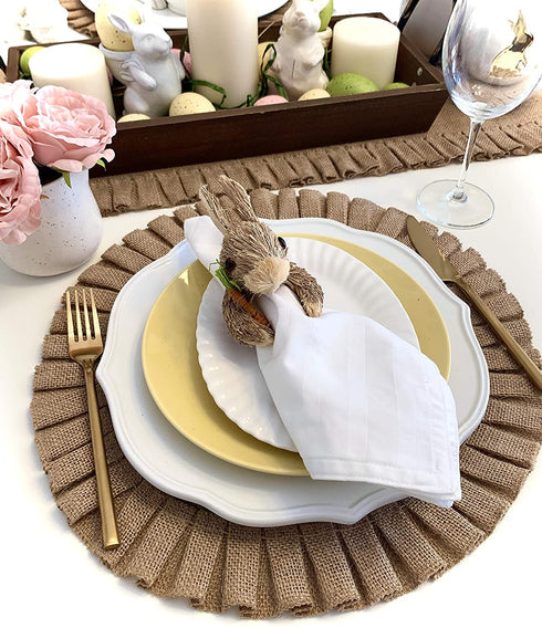 Rustic Farmhouse Burlap Round Placemats, Set of 4, Size in 15 Inches Diameter, Ruffle Trim Design (4)