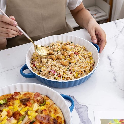 Bruntmor Set Of 2 Quiche Pan Ceramic Pie Pan, 9.5 Inch Tart Pan - Round Pie Plate Baking Dish with Ribbed Edges, W/ Side handles, Blue