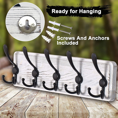 Dseap Coat Rack Wall Mounted - 5 Tri Hooks, Heavy Duty, Wooden Wall Coat Hanger Coat Hook for Clothes Hat Jacket Clothing, White & Black