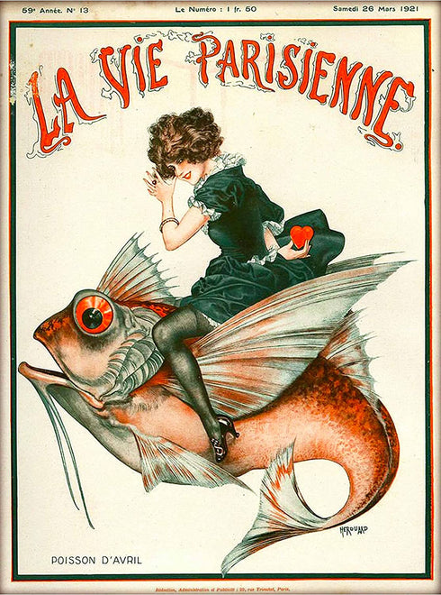 A SLICE IN TIME 1921 La Vie Parisienne Poisson d Avril Girl Riding Fish French Nouveau from a Magazine France Vintage Travel Advertisement Art Picture Poster Print. Measures 10 x 13.5 inches