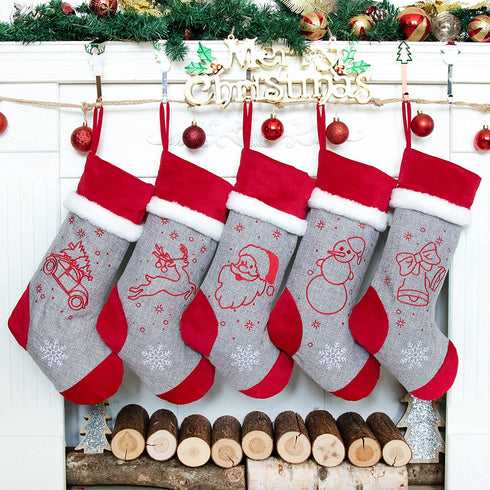 LUBOT Set of 5 Christmas Stockings (21inch) Embroidered Burlap Applique Flannel with Faux Fur Fireplace Hanging for Family Decorations Xmas Gift