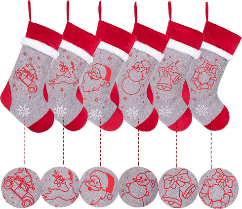 LUBOT Set of 5 Christmas Stockings (21inch) Embroidered Burlap Applique Flannel with Faux Fur Fireplace Hanging for Family Decorations Xmas Gift