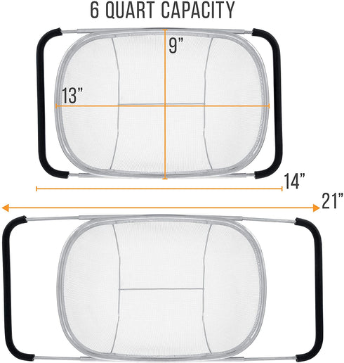 U.S. Kitchen Supply - Premium Quality Over The Sink Stainless Steel Oval Colander with Fine Mesh 6 Quart Strainer Basket & Expandable Rubber Grip Handles - Strain, Drain, Rinse Fruits, Vegetables