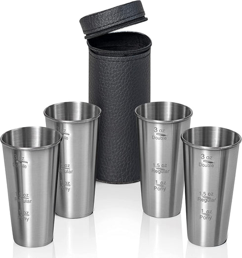 Maxam Stainless Steel 4-Piece Double-Shot Sized Shot Glass Set with Attractive Embossed Carrying Case
