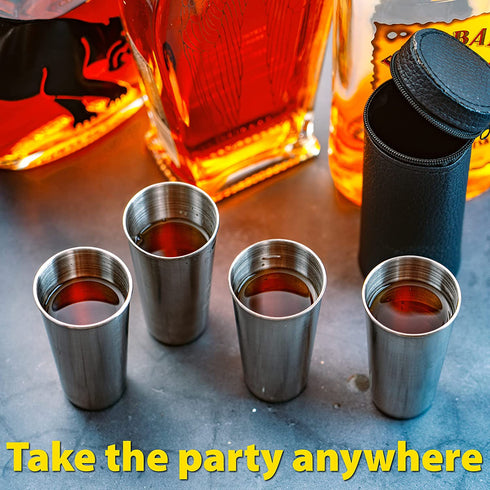 Maxam Stainless Steel 4-Piece Double-Shot Sized Shot Glass Set with Attractive Embossed Carrying Case