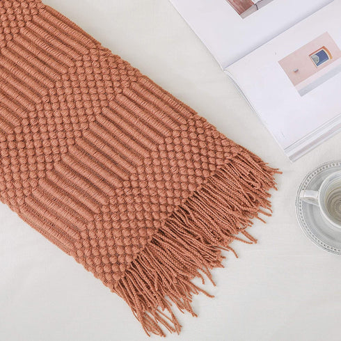 PANDAHOME Textured Throw Blanket Rust Orange Solid Soft for Sofa Couch Decorative Knitted Blanket, 50" x 60", Red Mud