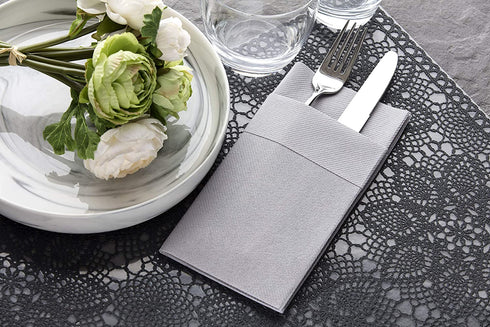 Gray Dinner Napkins Cloth Like with Built-in Flatware Pocket, Linen-Feel Absorbent Disposable Paper Hand Napkins for Kitchen, Bathroom, Parties, Weddings, Dinners or Events, 16x16 inches, Pack of 50