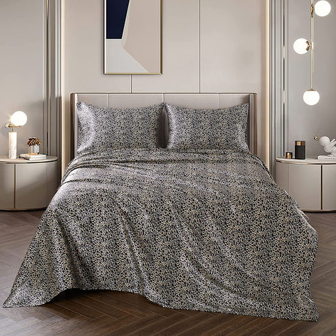 Vonty Satin Sheets Twin Silky Soft Satin Bed Sheets Leopard Print Satin Sheet Set, 1 Deep Pocket Fitted Sheet + 1 Flat Sheet + 1 Pillowcases