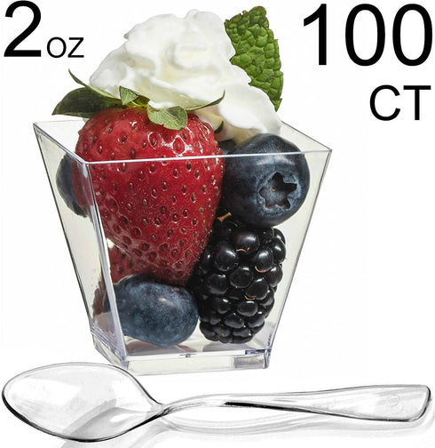 Zappy 100 Square Mini Dessert Cups 2oz Clear Tasting Sample Shot Glasses 100 Ct Dessert Cups with Spoons Disposable Plastic Appetizer Bowls Mini Parfait Cups Small Tumblers and Mini Spoons