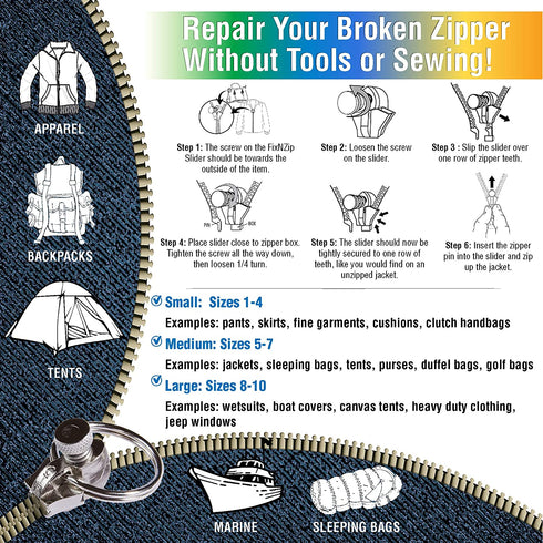 FixnZip 3 Pack (Large, Black Nickel) - See Size Guide - Universal Zipper Repair Kit for Jackets, Luggage, Bags - Backpack Zipper Replacement Repair Kit - Instant Zipper Fix - Made in the USA