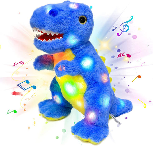 Cuteoy LED Musical T-Rex Blue Stuffed Dinosaur Light up Singing Plush Toy Adjustable Volume Lullaby Animated Soothe Birthday Gifts for Kids Toddlers, 12’’