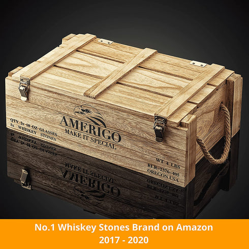 Whiskey Stones Gift Set for Men | Whiskey Glass and Stones Set with Rustic Wooden Crate, 8 Granite Whiskey Rocks Chilling Stones, 10oz Whiskey Glasses | Whiskey Gift for Men, Dad, Husband, Boyfriend