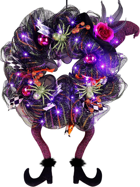Lulu Home Halloween Wreath, 30 LED Purple Lighted Front Door Wreath with Witch Hat Leg Mesh Decor, Battery Operated Halloween Wired Ribbon Wreath Artificial Door Wreath Hanging Ornament, NOT PRELIT