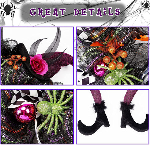 Lulu Home Halloween Wreath, 30 LED Purple Lighted Front Door Wreath with Witch Hat Leg Mesh Decor, Battery Operated Halloween Wired Ribbon Wreath Artificial Door Wreath Hanging Ornament, NOT PRELIT