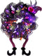 Lulu Home Halloween Wreath, 30 LED Purple Lighted Front Door Wreath with Witch Hat Leg Mesh Decor, Battery Operated Halloween Wired Ribbon Wreath Artificial Door Wreath Hanging Ornament, NOT PRELIT