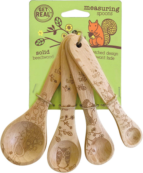 Talisman Designs Laser Etched Beechwood Measuring Spoons | Set of 4 | Woodland Design | Natural, Wooden Set, | Cute & Functional Kitchen Tools
