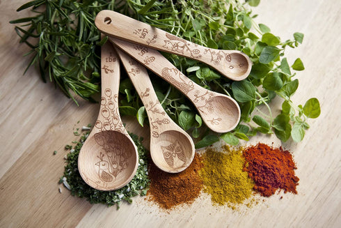 Talisman Designs Laser Etched Beechwood Measuring Spoons | Set of 4 | Woodland Design | Natural, Wooden Set, | Cute & Functional Kitchen Tools