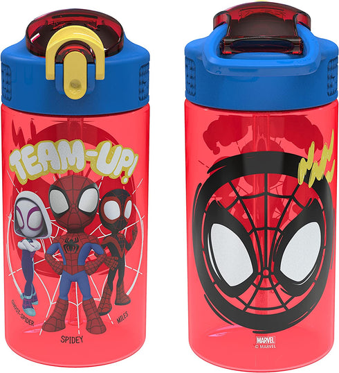 Zak Designs Marvel Spider-Man Kids Water Bottle with Spout Cover and Carrying Loop, Made of Durable Plastic, Leak-Proof Water Bottle Design for Travel (16 oz, 2-Pack, Spidey and His Amazing Friends)