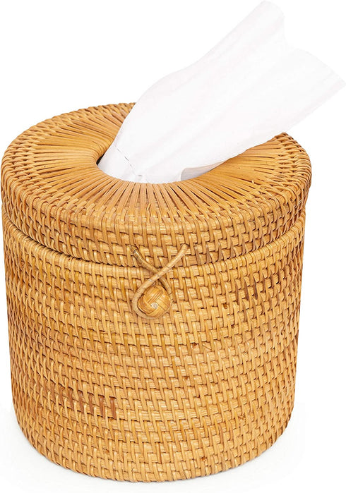 CLAYNIX Rattan Round Tissue Box Wicker Toilet Paper Holder Single Roll Cover Protector Circle Container Dispenser with Lid for Bathroom Vanity, Toilet Tank, Home Decor, Hotel, Office, Car Accessories