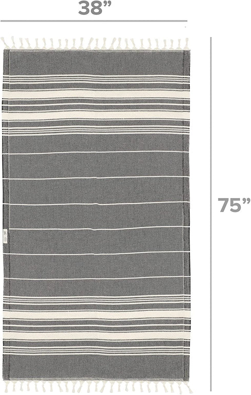 Bazaar Anatolia Stripe Turkish Beach Towel 100% Cotton Oversized 75x38 Large Boho Bath Towels Bathroom Sheets Gym Pool Quick Dry Sand Free (Black)