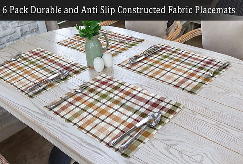 Ruvanti Placemats for Dinning Table. 100% Cotton 13x19 Inch Placemats Set of 6, Brown Check Woven Placemats. Tablemats for Farmhouse, Spring placemats, Tablemats for Christmas / Thanksgiving Dinners.