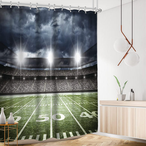 AMBZEK American Football Shower Curtain Boys Sports Bathroom Accessories 60Wx72L Men Masculine Shower Curtain Set Stadium Field Soccer Green Cloth Fabric Bathroom Decor Set with 12 Pack Hooks