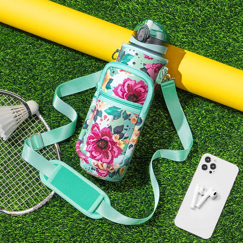 32 oz Water Bottle with Sleeve - BPA Free Leakproof Sport Large 1L Plastic Motivational Water Bottle with Straw & Strap & Insulated Neoprene Holder Carrier Bag Great Xmas Gift for Kids Women Men