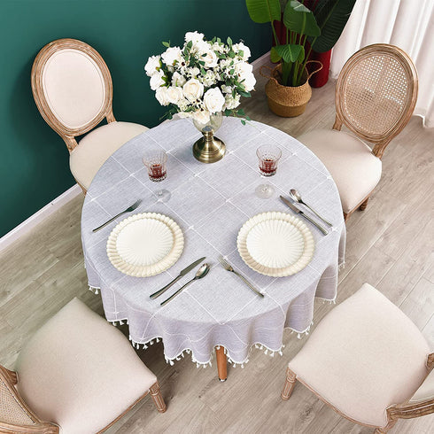 Monibana Plaid Farmhouse Gray Round Tablecloth 48 Inch Cotton Linen Heavy Weight Checkered Table Covers Cloths for Dining Room Kitchen Tabletop Decoration