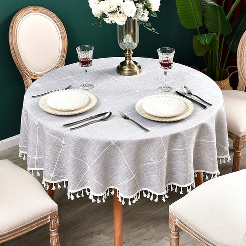 Monibana Plaid Farmhouse Gray Round Tablecloth 36 Inch Cotton Linen Heavy Weight Checkered Table Covers Cloths for Dining Room Kitchen Tabletop Decoration