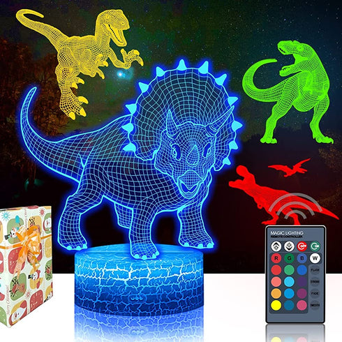 4 PCS 3D Triceratops LED Lamp, Cool 3D Tyrannosaurus Rex Pterosaur Night Light, 16 Color Changing Light, with Remote Control, for Boys Girls and Kids Toys Birthday Xmas Gift, BLUELAMP 5656