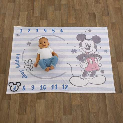 Disney Mickey Mouse Light Blue, Red & White Super Soft Milestone Baby Blanket, Light Blue, White, Red, Navy