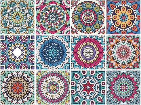 Mandala Decorative Tile Stickers Set 12 Units 6x6 inches. Peel & Stick Adhesive Tile Stickers. Home Decor. Staircase. Furniture Decor. Backsplash Tile Stickers.