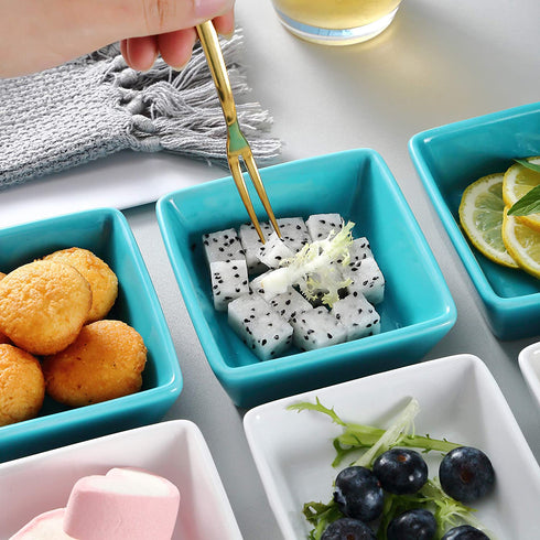 Bruntmor Porcelain Square Baking Ramekins for Souffle, Creme Brulee, Jams, Dipping Sauces, French Onion Soup Oven Safe, Appetizer Sauce Dipping Bowls, (4 Oz, Set of 6), White, Teal