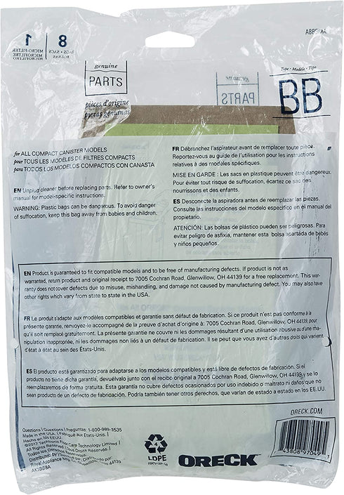 Oreck Buster B Canister Vacuum Paper Bags (8-Pack), AK1BB8A, Green