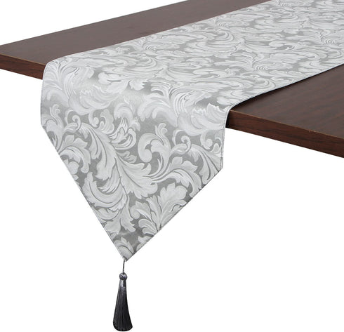 EHouseHome Jacquard Damask Reversible Silver Grey Table Runners with Tassels 13 x 72 inch Wrinkle and Water Resistant Spill-Proof Decorative Dining and Wedding Runners