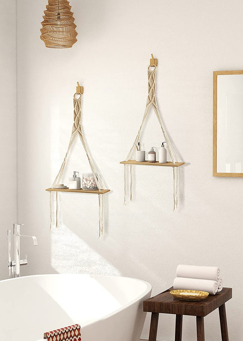 MAZJOARU Macrame Wall Hanging Shelves Bohemian Handmade White Cotton Rope Sturdy Wooden Floating Shelf Decor Storage for Plants Photo Frame for Bathroom Bedroom Living Room-1 Tier Set of 2