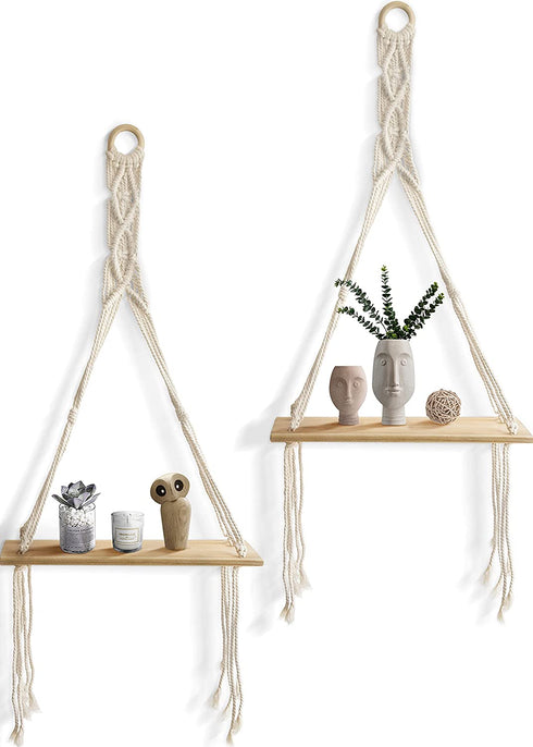 MAZJOARU Macrame Wall Hanging Shelves Bohemian Handmade White Cotton Rope Sturdy Wooden Floating Shelf Decor Storage for Plants Photo Frame for Bathroom Bedroom Living Room-1 Tier Set of 2