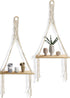 MAZJOARU Macrame Wall Hanging Shelves Bohemian Handmade White Cotton Rope Sturdy Wooden Floating Shelf Decor Storage for Plants Photo Frame for Bathroom Bedroom Living Room-1 Tier Set of 2