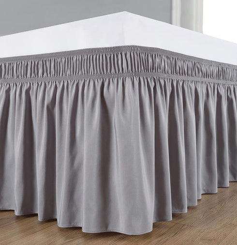 Biscaynebay Wrap Around Bed Skirts for Full & Full XL Beds with Short Drop of 12", Silver Grey Elastic Dust Ruffles Easy Fit Wrinkle Resistant Silky Luxurious Fabric Solid Machine Washable