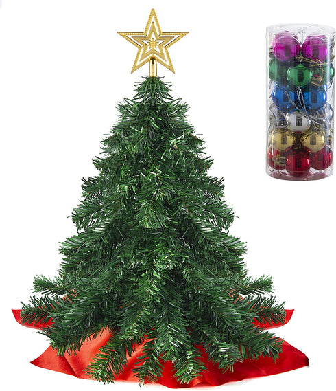 Prextex 22 Inch Tabletop Mini Christmas Tree Set with Warm-White LED Lights, Star Treetopper and Hanging Ornaments for DIY Christmas Decorations, Great Tabletop Christmas Tree